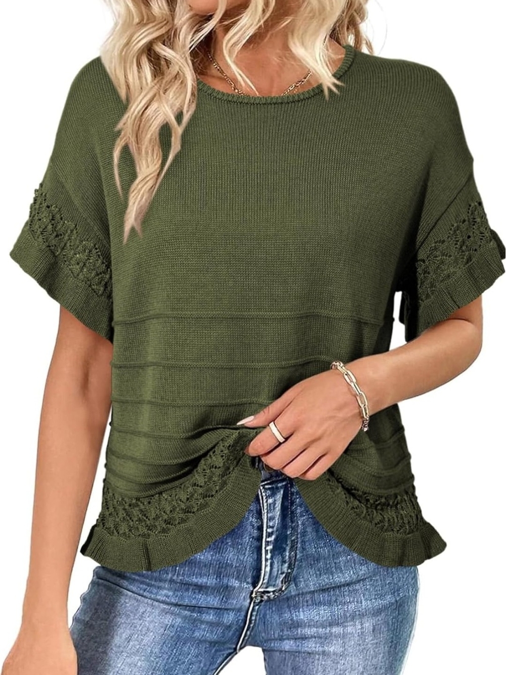 Olive Green Crochet Lace Ruffle Sleeve Knit Top Sweater Women's Large